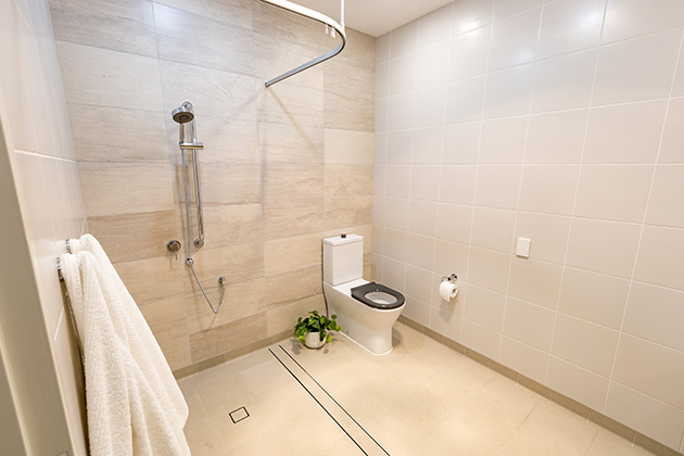 Wide space in the bathroom of disability accommodation in Murarrie, Brisbane