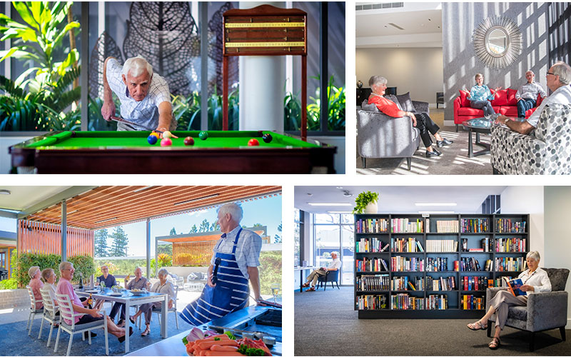 Rosemount Retirement Village modern facilities montage: BBQ area, library and other communal spaces.