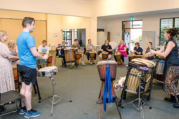 Music and drumming group class at Wesley Arts, in the Fortitude Valley.