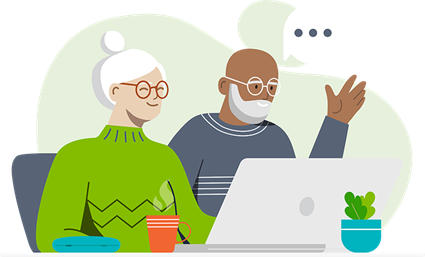 Calculator illustration - senior couple at laptop Support at Home calculator illustration shows senior couple at their laptop