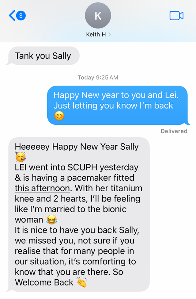 Text message from Keith to Sally - For many people in our situation, it's comforting to know that you are there